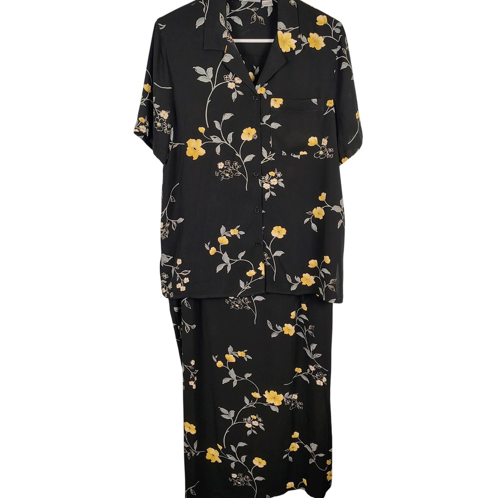 Alfred Dunner Womens SZ 16/18 Skirt Set Black Yellow Floral Grandma Core Vintage